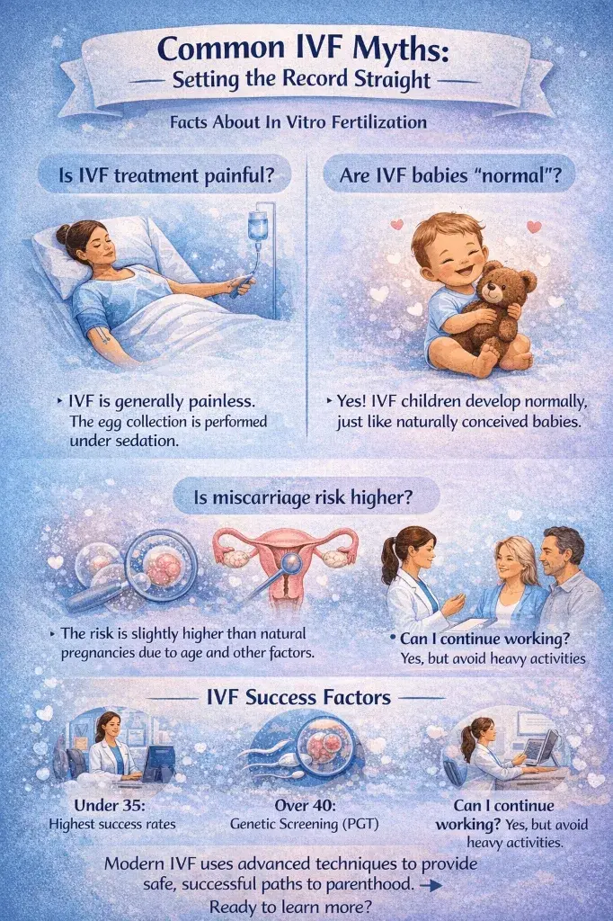 Common IVF myths infographic showing treatment is painless, IVF babies develop normally, miscarriage risk factors, age success rates under 35 and over 40, genetic screening PGT, and work-life balance during fertility treatment