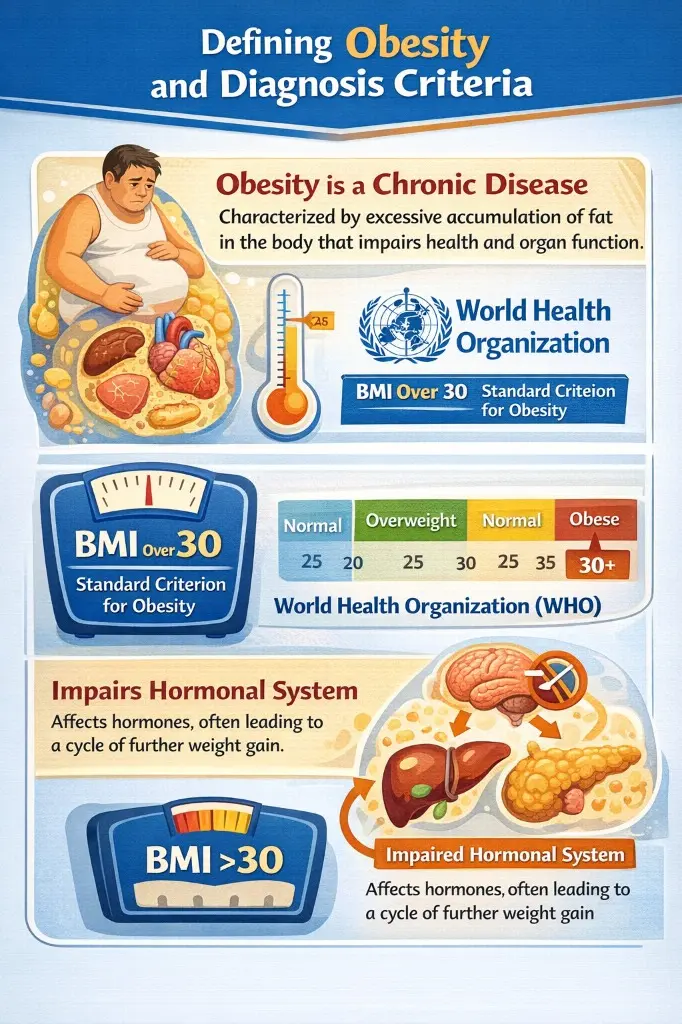 Defining Obesity and Diagnosis Criteria Infographic explaining BMI and Hormonal factors
