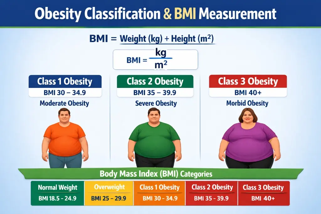 Obesity Classification and BMI Measurement Chart showing BMI ranges and categories