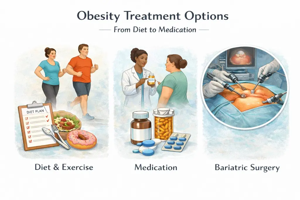 Obesity treatment options including diet, medication, and surgery