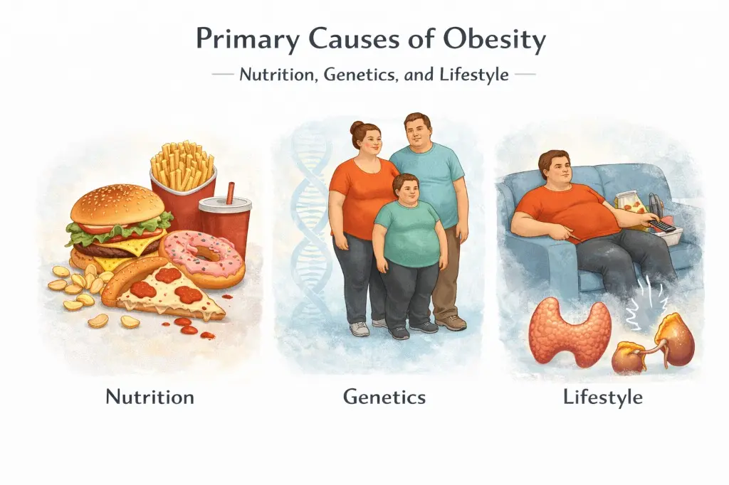 Illustration showing nutrition, genetics, and lifestyle factors of obesity